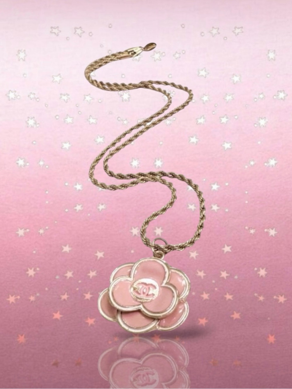 💗CHANEL Iconic Camellia Flower Pendant Necklace, 20" Chain, PINK, GOLD, 1.18" D